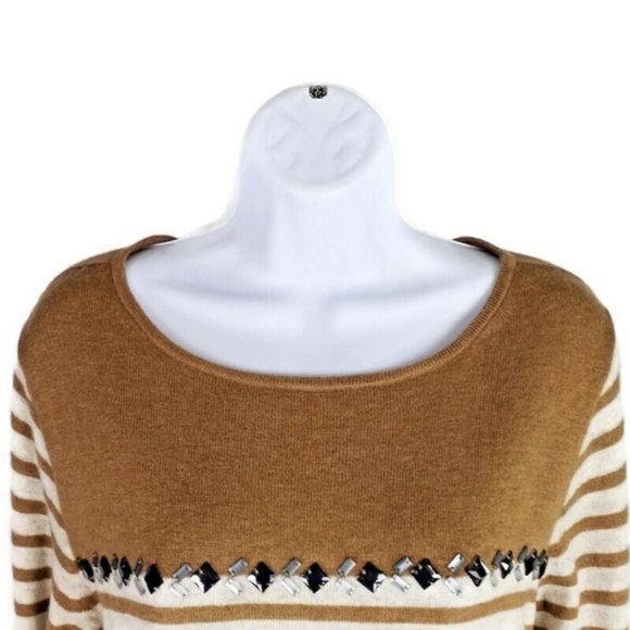 J Crew Factory Breton Tan Cream Stripe Long Sleeve Embellished Sweater Womens XL - Picture 2 of 10